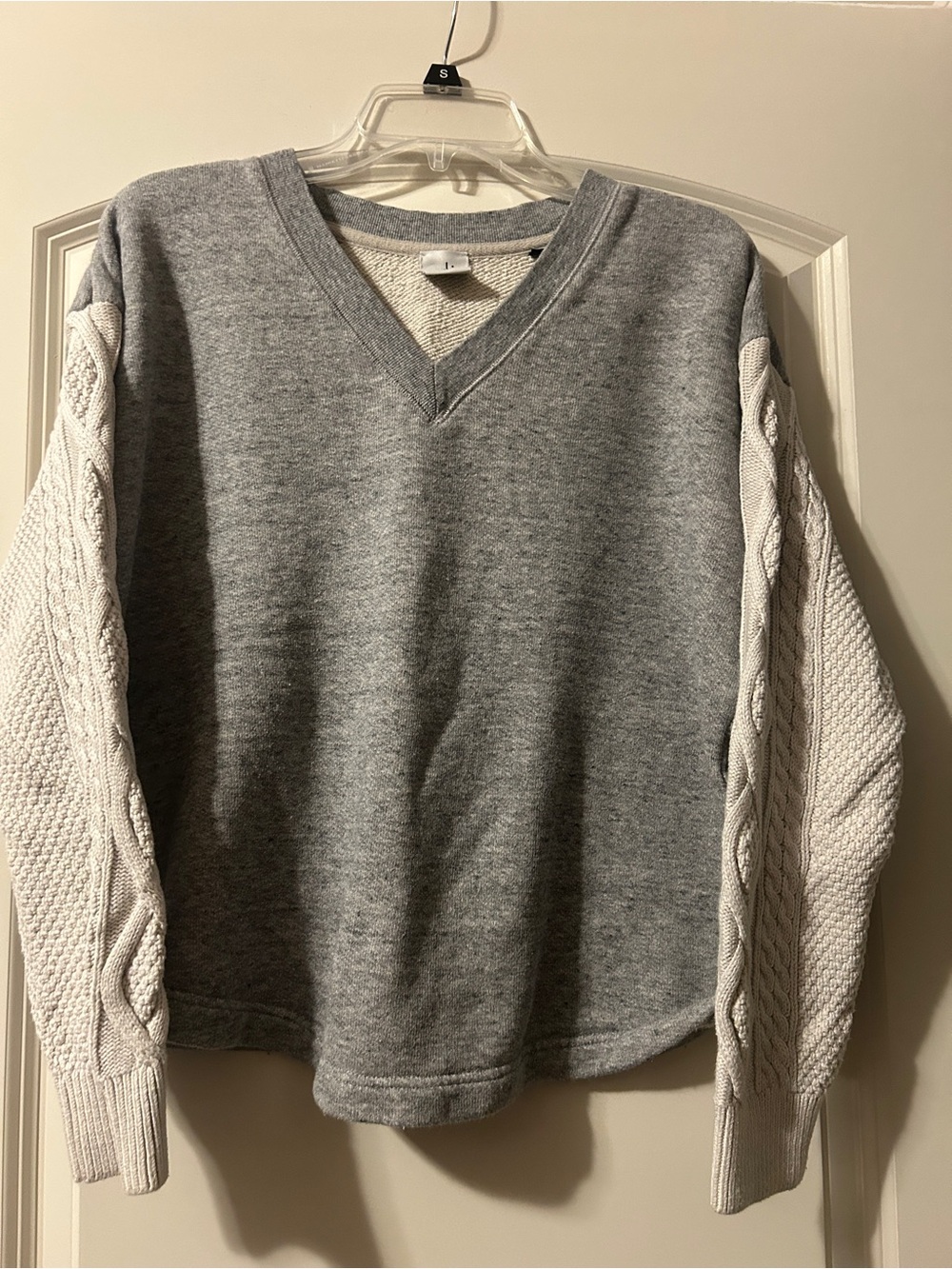 CAbi Gray V-Neck Sweater with Cream Cable-Knit Sleeves